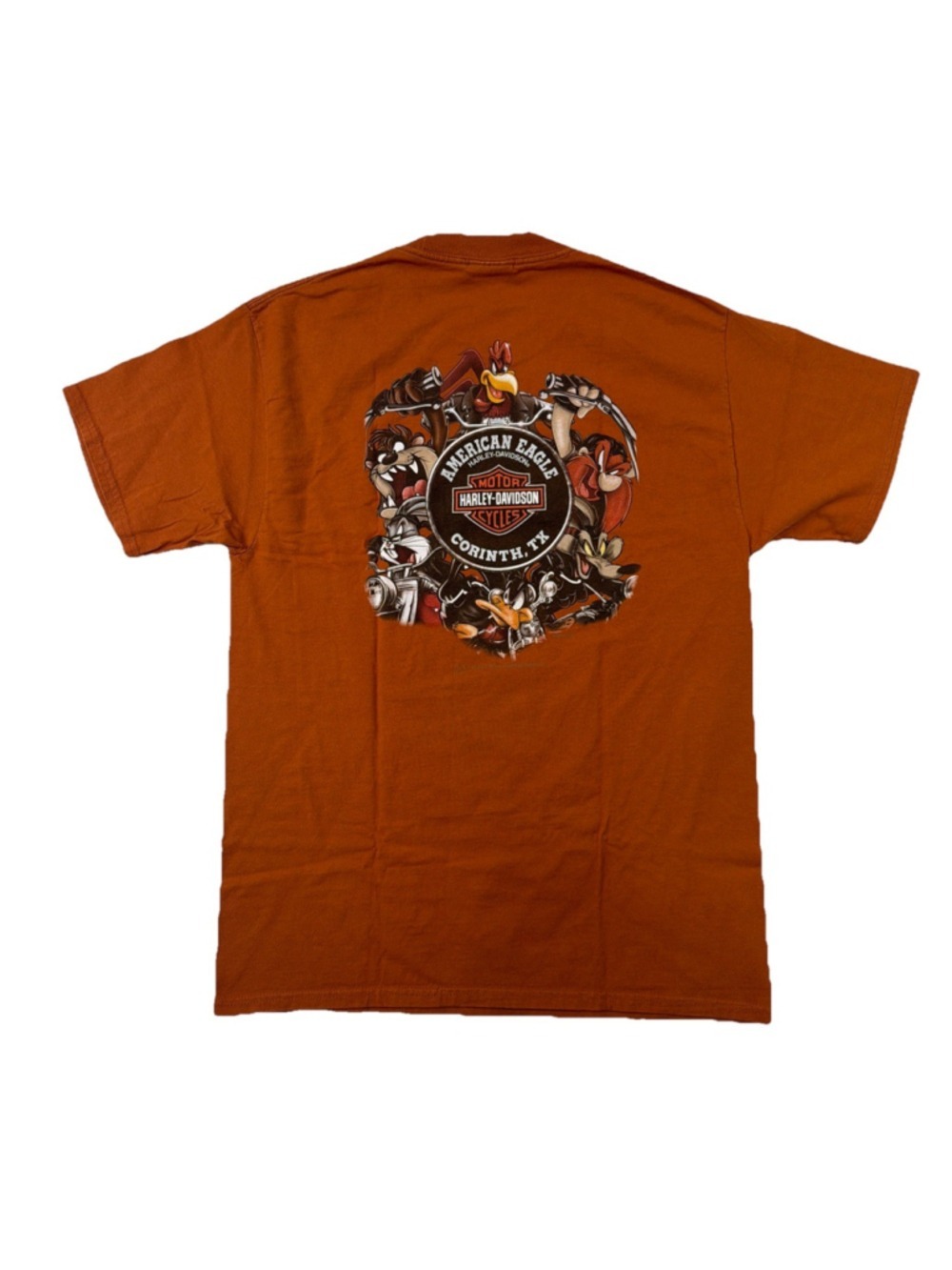 Y2K Harley Davidson American Eagle shirt Corinth TX Sz M Foghorn Leghorn Orange - Picture 2 of 8